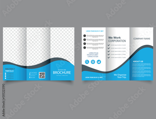 Trifold brochure with blue waves. Editable vector templates with design elements.
