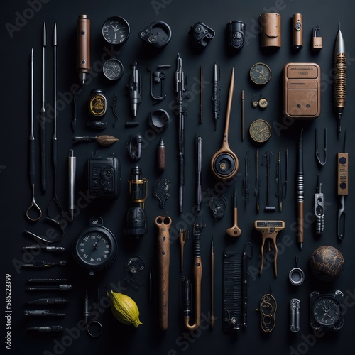 A conceptual set of objects on a dark background. Generative AI