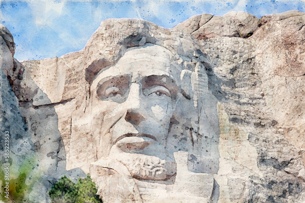 Digitally created watercolor painting of Abraham Lincoln portrait on Mount Rushmore