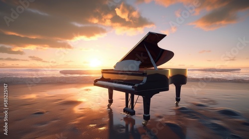 grand piano in scenic sunset beach. Created with generative AI.