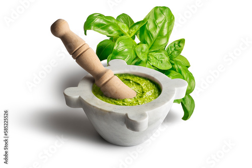 Genoese pesto sauce with mortar and ingredients isolated on white background