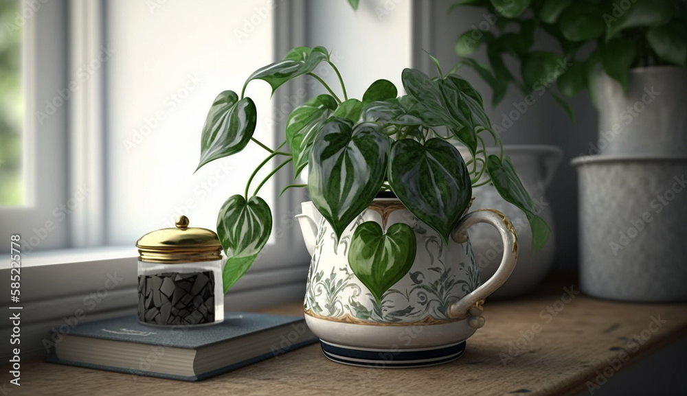 Indoor still life table vase plant books window generated by AI