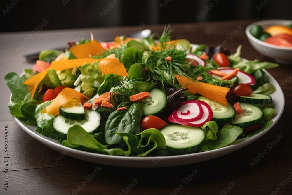 Proper Nutrition: A colorful salad filled with leafy greens, tomatoes, cucumbers, and carrots. Generative AI Proper Nutrition: A colorful salad filled with leafy greens, tomatoes, cucumbers, and carrots. Generative AI