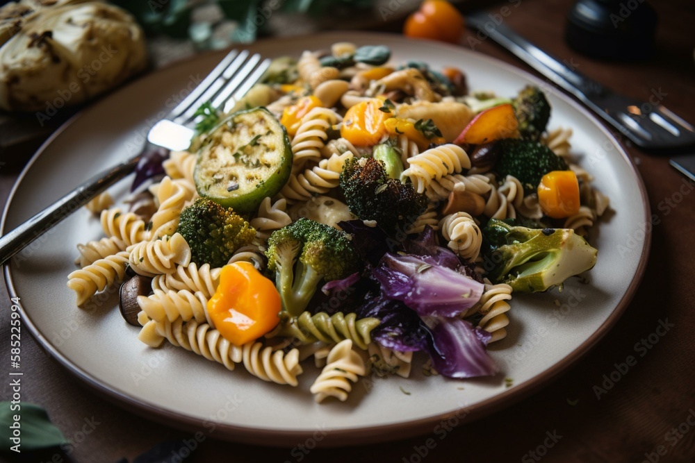 Proper Nutrition: A plate of whole grain pasta with a side of roasted vegetables. Generative AI