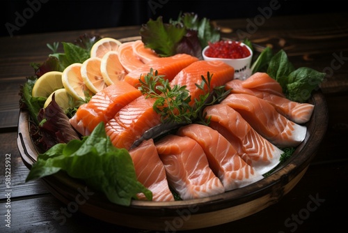 Proper Nutrition: A platter of fresh seafood, such as salmon or shrimp. Generative AI