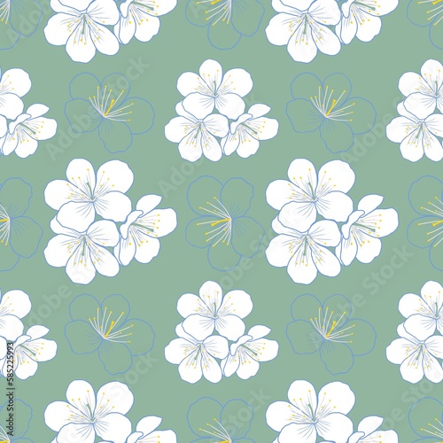 Apricot tree flowers on green background, seamless pattern, Blossom, Spring, Floral background, Fabric design, Wallpaper