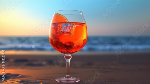 glass of aperol spritz cocktail on the beach. Created with generative AI. © lchumpitaz