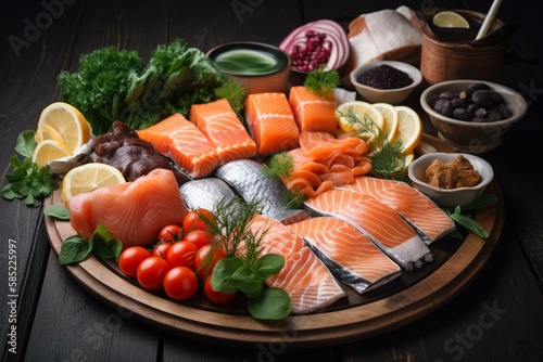 Proper Nutrition: A platter of fresh seafood, such as salmon or shrimp. Generative AI