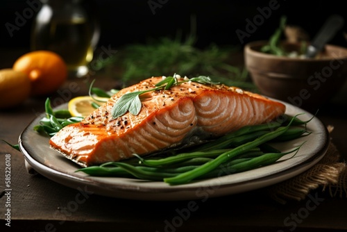 Proper Nutrition: A plate of baked salmon with a side of steamed green beans. Generative AI
