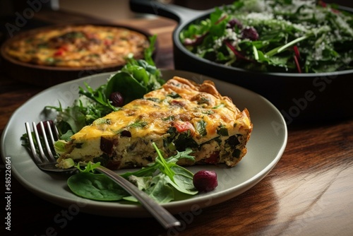 Proper Nutrition: A vegetable frittata with mixed greens on the side. Generative AI