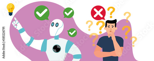 Robot vs human. AI versus people's mental capacity. Robots superiority. Artificial intelligence and person thinking and solving problems. Vector illustration.