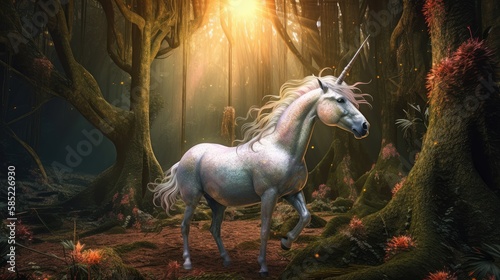 Unicorn in a magical forest. Created with generative AI.