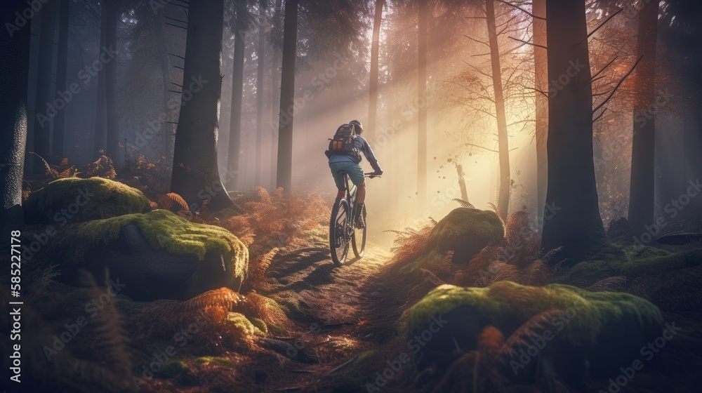 Mountainbiker rides in autumn forest. Created with generative AI. Mountainbiker rides in autumn forest. Created with generative AI.