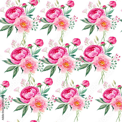 Delicate summer watercolor roses and peonies seamless pattern. Floral pastel wallpaper. Generate ai