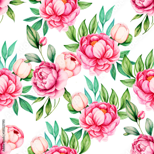 Watercolor Peonies seamless pattern. Elegant pink Floral hand pained wallpaper. Generate ai