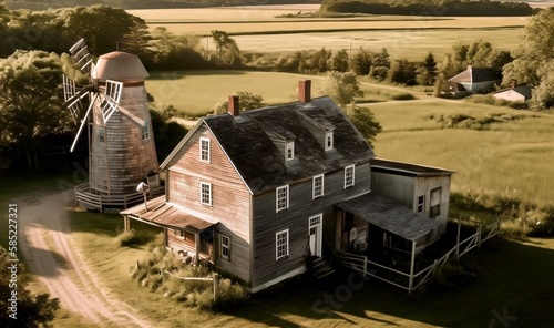1900s Farm House with Windmill Alongside
