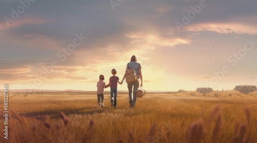 Happy family on nature in summer at sunset. Created with Generative AI. © lchumpitaz