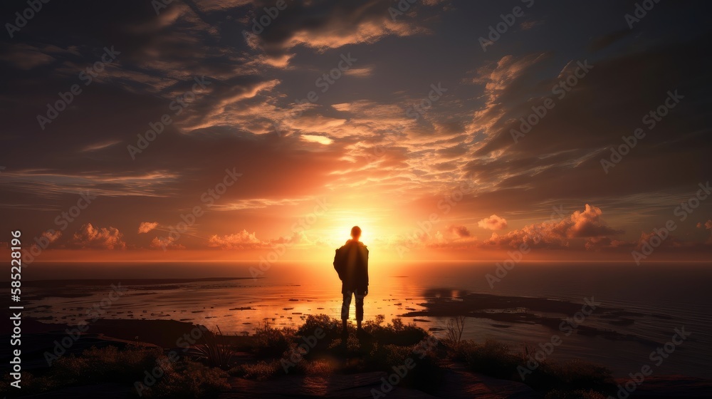man the seashore looking at the horizon at sunset. Created with Generative AI.