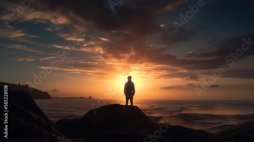 man the seashore looking at the horizon at sunset. Created with Generative AI. © lchumpitaz
