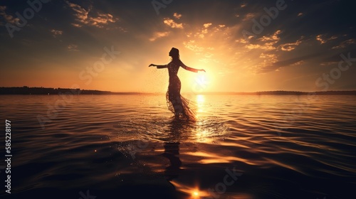 woman dancing on the seashore at sunset. Created with Generative AI. © lchumpitaz