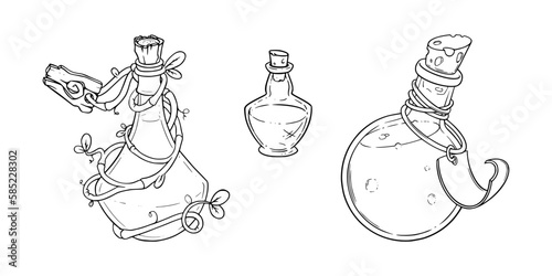Potion bottles with magic poison. Alchemist bottles with tags. Sketch vector illustration isolated in white background