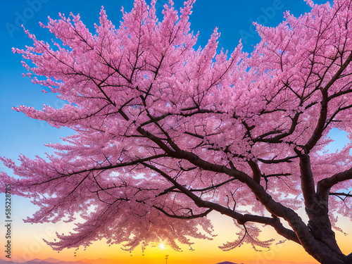 A Japanese Cherry Blossom with an Orange Skyline in the Background © ZnoopTree
