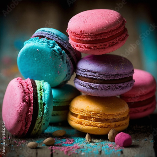 Cakes macaron or macaroon stack on dark background.