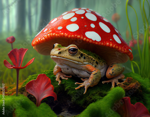 A frog sitting under the bright red cap of an amanita muscaria mushroom on a summer day, surrounded by lush greenery. Generative AI