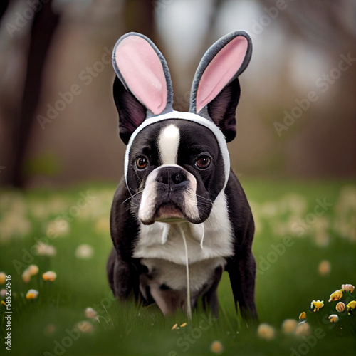 A cute dog wear blue bunny head band in meadow for a easter day, AI generative.