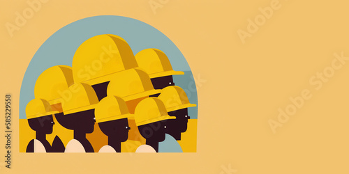Group of workers wear yeallow hard hat for web banner on a labour day,Generative AI photo