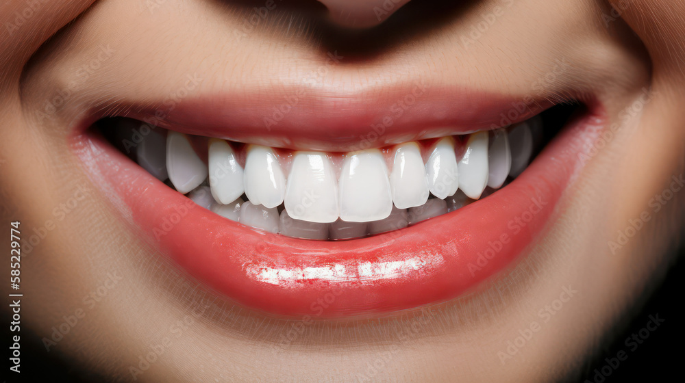Perfect smile of healthy teeth of a young woman. Teeth whitening. Patient in a dental clinic. Dentistry concept. generative AI Perfect smile of healthy teeth of a young woman. Teeth whitening. Patient in a dental clinic. Dentistry concept. generative AI