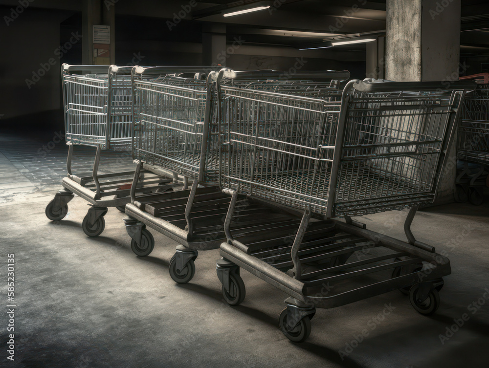 Row of carts standing inside the store before opening. generative AI Row of carts standing inside the store before opening. generative AI