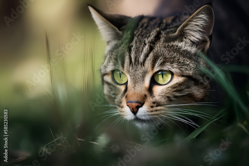 Close up of a cat on grass, AI Generation