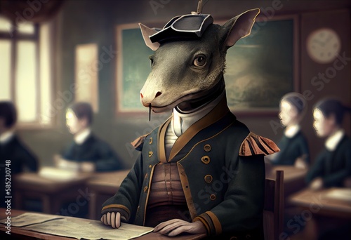 Portrait of an anthropomorphic battleship dressed as a schoolboy in a classroom. Generate Ai.