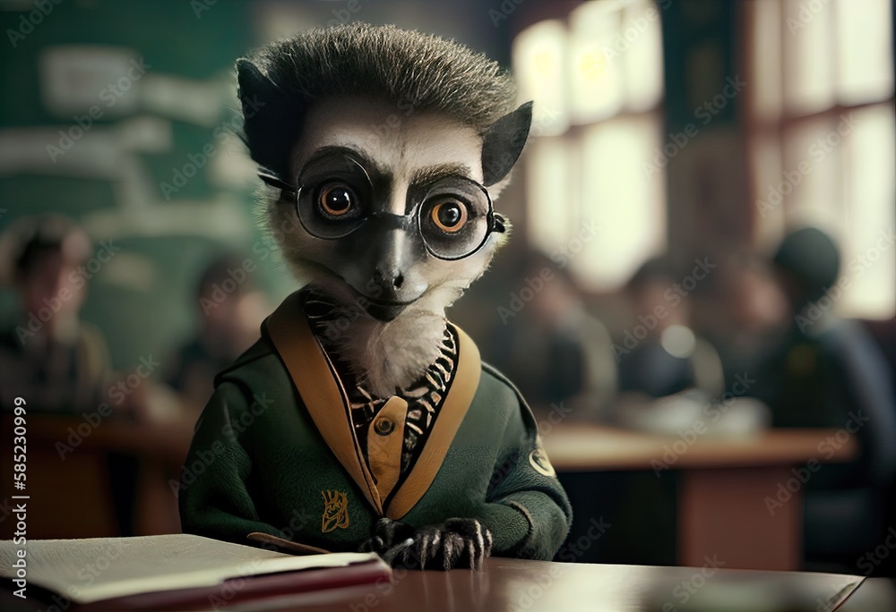 Portrait of an anthropomorphic lemur dressed as a schoolboy in a classroom. Generate Ai. Portrait of an anthropomorphic lemur dressed as a schoolboy in a classroom. Generate Ai.