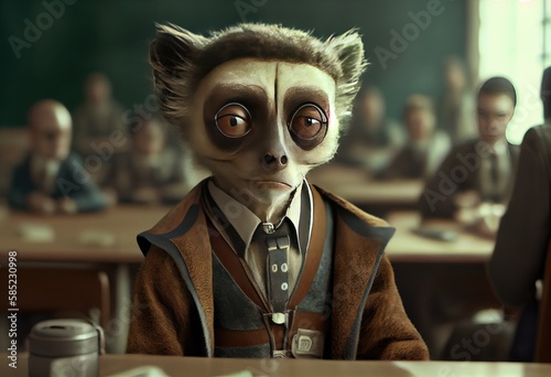 Portrait of an anthropomorphic lemur dressed as a schoolboy in a classroom. Generate Ai.