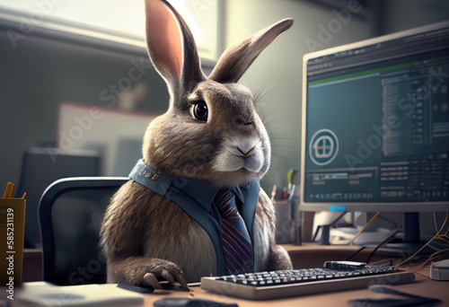 Portrait of an anthropomorphic rabbit as a developer in the office. Generate Ai.