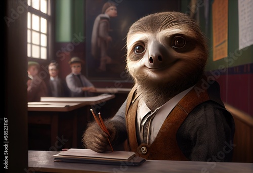 Portrait of an anthropomorphic sloth dressed as a schoolboy in a classroom. Generate Ai.