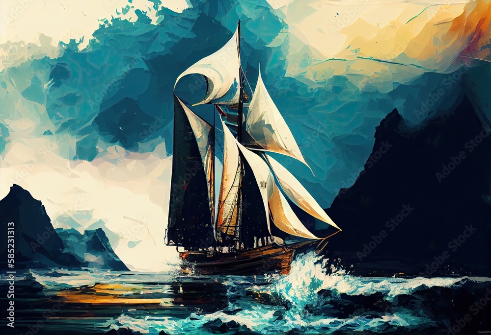 Sailboat against a background of sea digital painting Generate Ai.