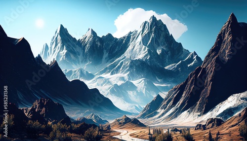 Towering mountain range dotted with towering peaks and treacherous passes. Generate Ai.