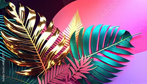 Tropical and palm leaves in bright bold holographic colors. Generate Ai.