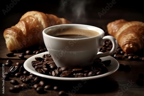 A fresh cup of coffee with coffee beans