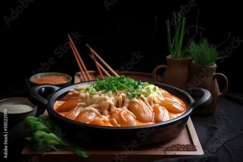 Cheesy Tokbokki korean traditional food on black background photo