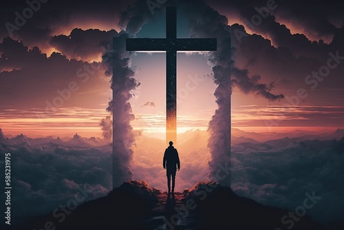 Man walking to enlighted crucifix thorugh a door of clouds, easter, belief, christianity photo