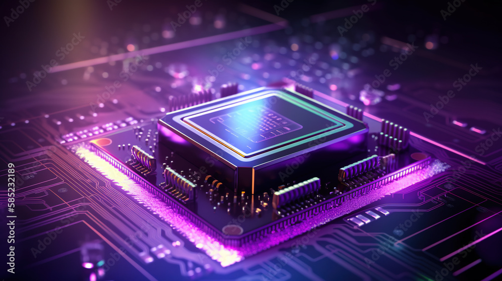 Computer processor on a circuit board with microchips.  Artificial concept graphic vector style purple lights neon Circuit board. Technology background. - Generative AI