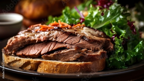 Enjoy a Delicious Meal of Beef Brisket, Salad, and Toast