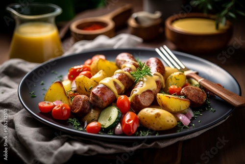 Plate of fried German sausages and potatoes with vegetable salad and mustard sauce