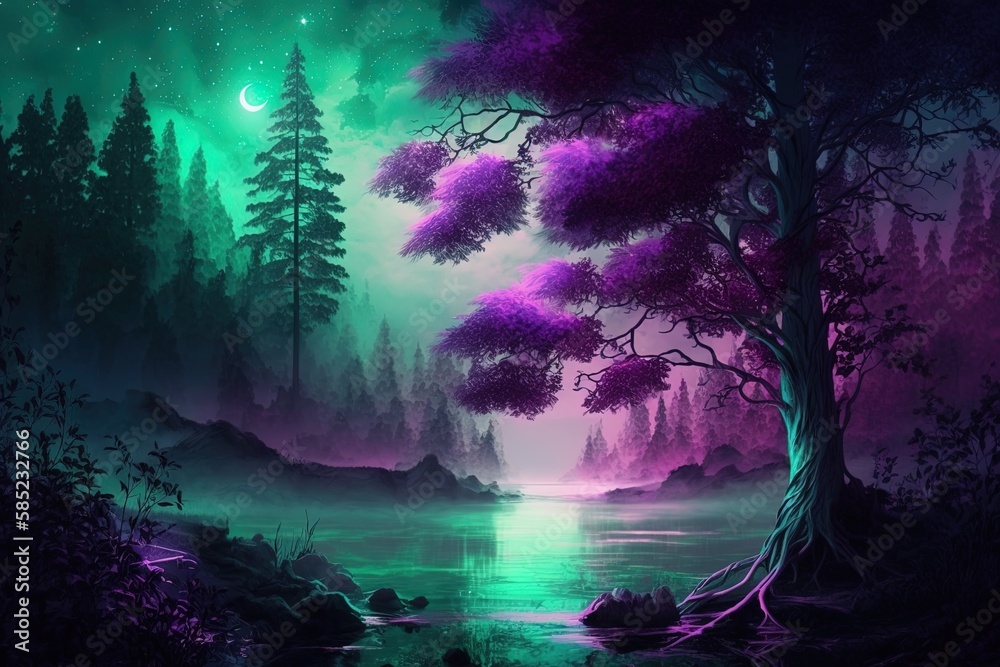 Purple Mist and Emerald Trees in a Realm of Wonderment Generative AI