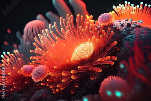Radiating Glitter: A Neon Coral Spectacle Generative AI photo