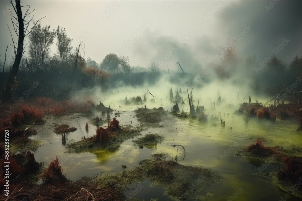 Toxic Twilight: Surreal Swamp Landscape with Poisonous Gas Sprays ...